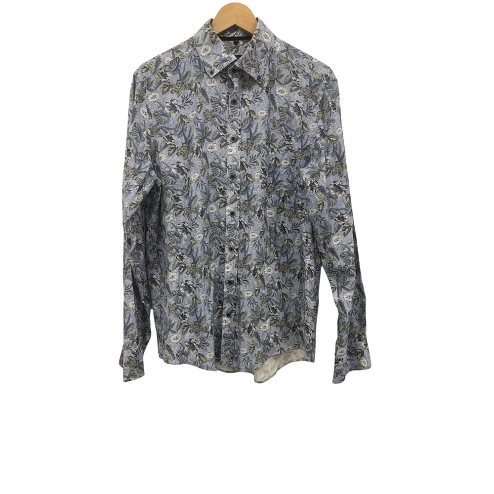 Casa Moda Linen Edition Floral Hawaiian Men's Shirt Blue Linen Cotton M 39/40
